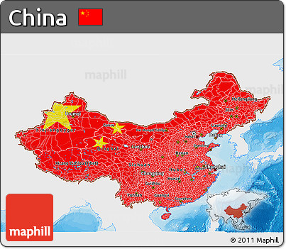 Flag 3D Map of China, single color outside, bathymetry sea, shaded relief sea