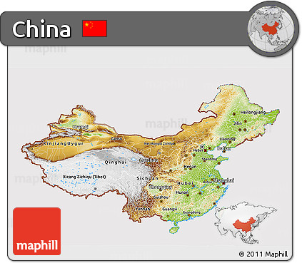 Physical 3D Map of China, cropped outside