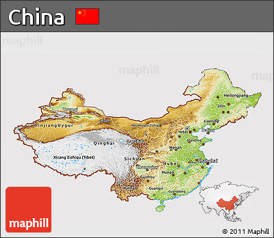Physical 3D Map of China, cropped outside