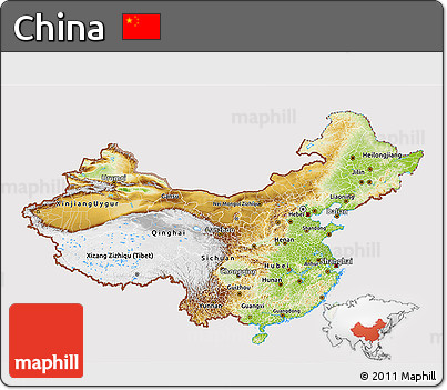 Physical 3D Map of China, cropped outside