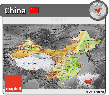 Physical 3D Map of China, darken, desaturated