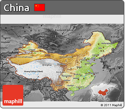 Physical 3D Map of China, darken, desaturated