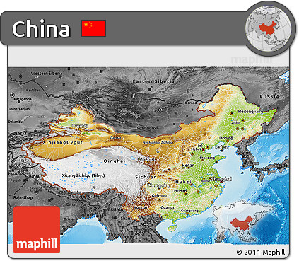Physical 3D Map of China, darken, desaturated, land only