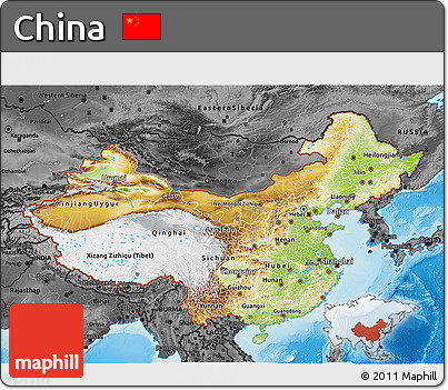 Physical 3D Map of China, darken, desaturated, land only