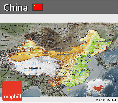 Physical 3D Map of China, darken, semi-desaturated