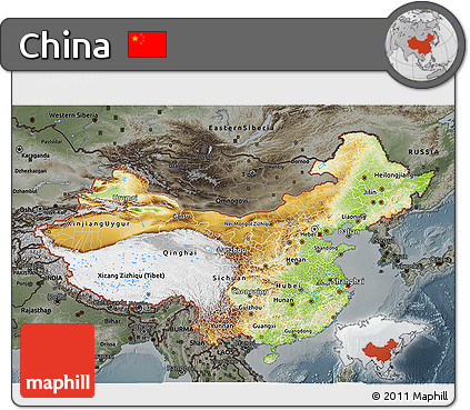 Physical 3D Map of China, darken, semi-desaturated
