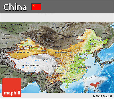 Physical 3D Map of China, darken, semi-desaturated, land only