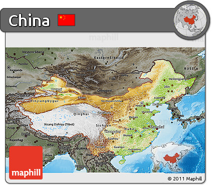 Physical 3D Map of China, darken, semi-desaturated, land only