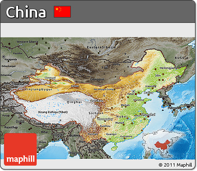 Physical 3D Map of China, darken, semi-desaturated, land only