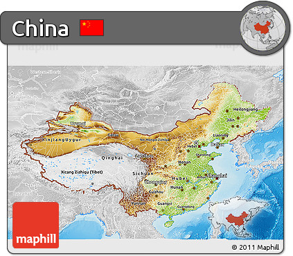 Physical 3D Map of China, lighten, desaturated, land only