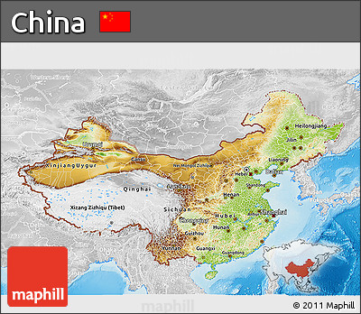 Physical 3D Map of China, lighten, desaturated, land only
