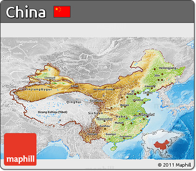 Physical 3D Map of China, lighten, desaturated, land only