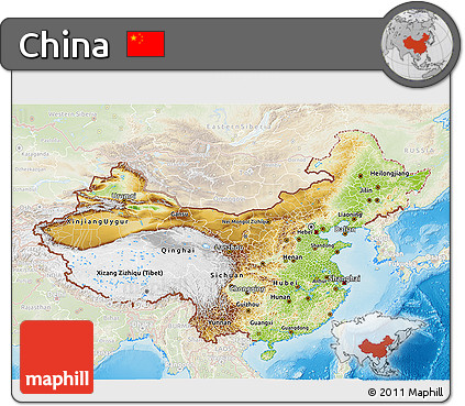 Physical 3D Map of China, lighten, land only
