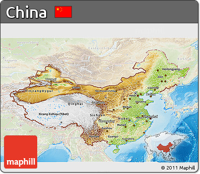 Physical 3D Map of China, lighten, land only