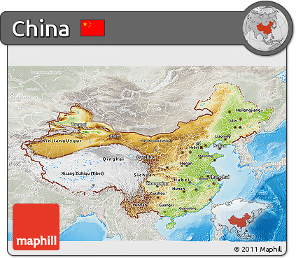 Physical 3D Map of China, lighten, semi-desaturated, land only