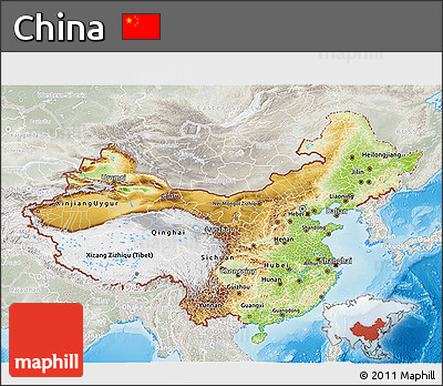 Physical 3D Map of China, lighten, semi-desaturated, land only