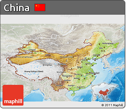 Physical 3D Map of China, lighten, semi-desaturated, land only