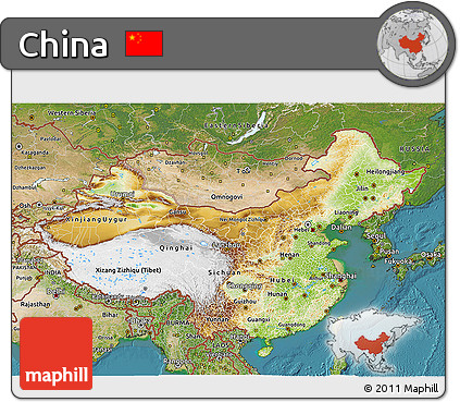 Physical 3D Map of China, satellite outside