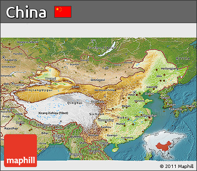 Physical 3D Map of China, satellite outside