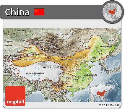 Physical 3D Map of China, semi-desaturated