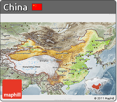 Physical 3D Map of China, semi-desaturated