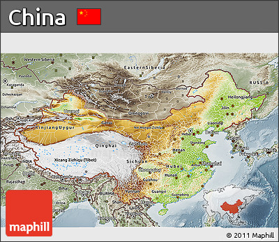 Physical 3D Map of China, semi-desaturated