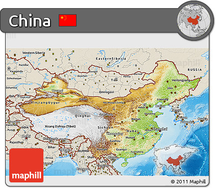 Physical 3D Map of China, shaded relief outside