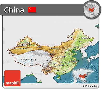 Physical 3D Map of China, single color outside, satellite sea
