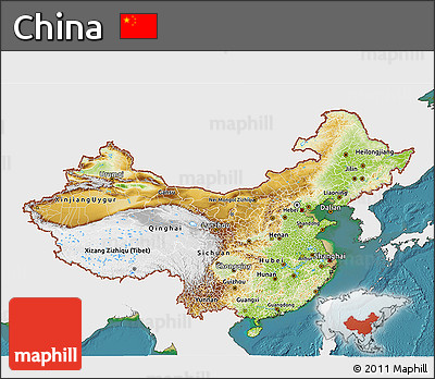 Physical 3D Map of China, single color outside, satellite sea