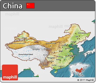Physical 3D Map of China, single color outside, satellite sea