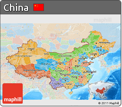 Political 3D Map of China, lighten, land only