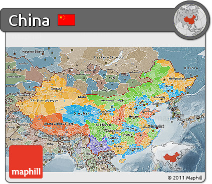 Political 3D Map of China, semi-desaturated