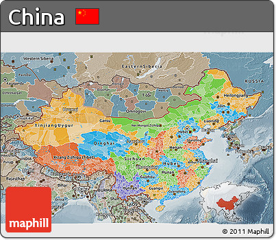 Political 3D Map of China, semi-desaturated