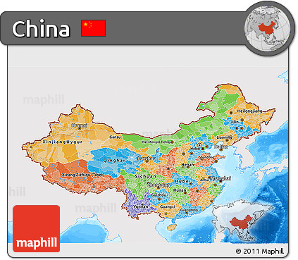 Political 3D Map of China, single color outside, bathymetry sea