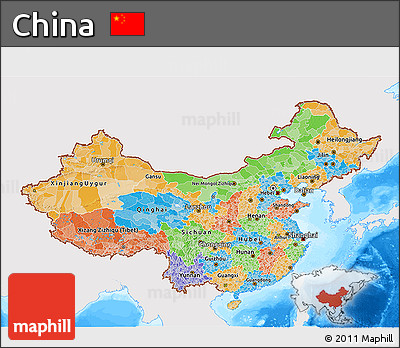 Political 3D Map of China, single color outside, bathymetry sea