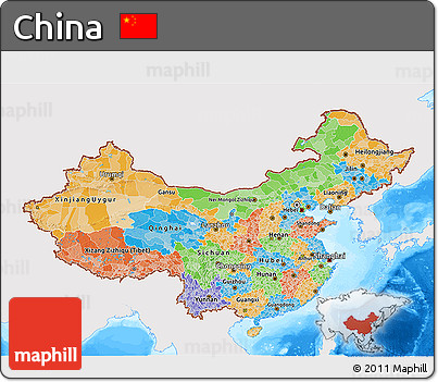 Political 3D Map of China, single color outside, bathymetry sea