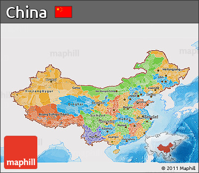 Political 3D Map of China, single color outside