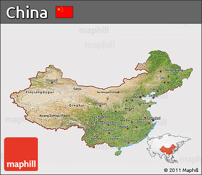Satellite 3D Map of China, cropped outside