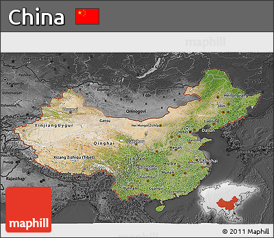 Satellite 3D Map of China, darken, desaturated