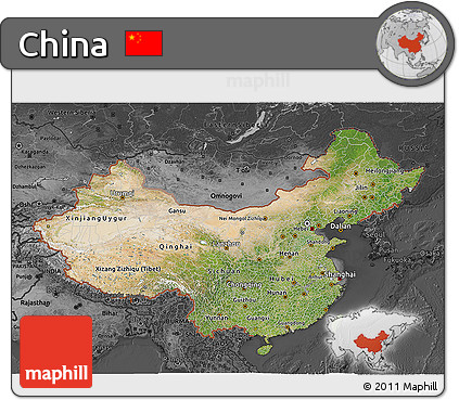 Satellite 3D Map of China, darken, desaturated