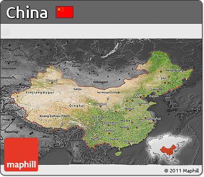 Satellite 3D Map of China, darken, desaturated