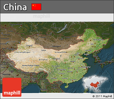 Satellite 3D Map of China, darken