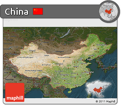 Satellite 3D Map of China, darken