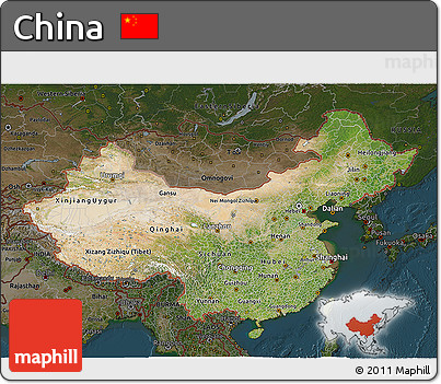 Satellite 3D Map of China, darken
