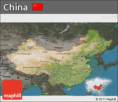 Satellite 3D Map of China, darken, semi-desaturated, land only