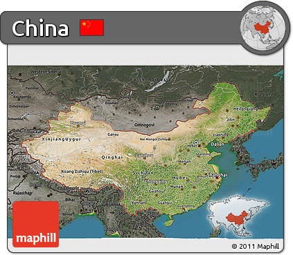 Satellite 3D Map of China, darken, semi-desaturated, land only