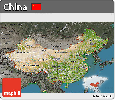 Satellite 3D Map of China, darken, semi-desaturated, land only