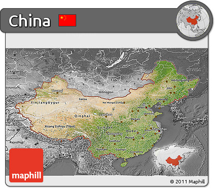 Satellite 3D Map of China, desaturated