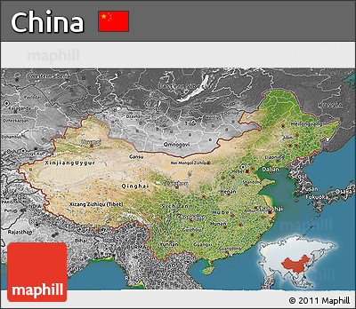 Satellite 3D Map of China, desaturated, land only