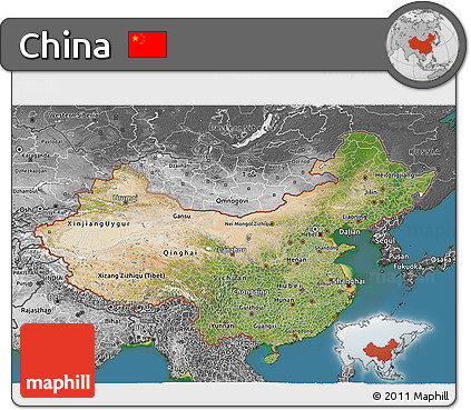 Satellite 3D Map of China, desaturated, land only